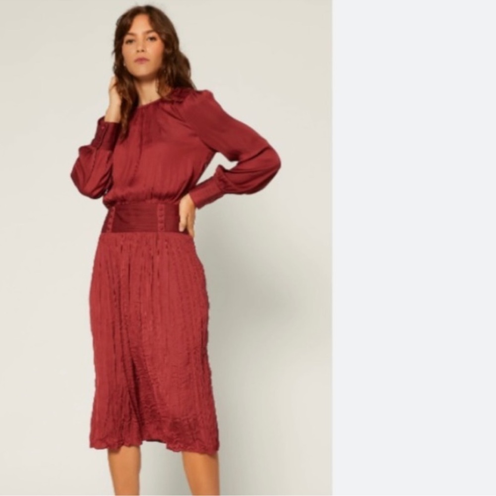 Current Air NWT Burgundy Pleated Ruched Midi Dress long sleeve Sz Small